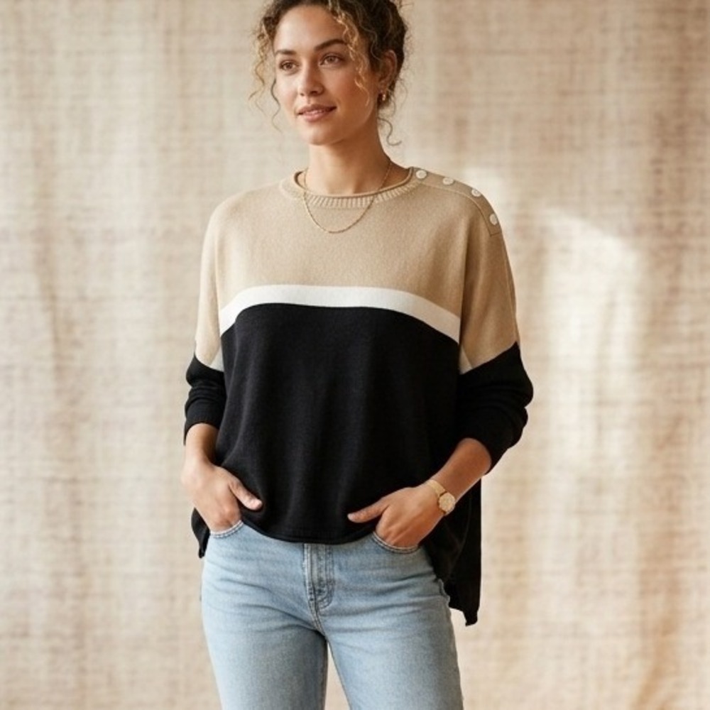 Mersea Knit Colorblock Catalina Cropped Sweater Beige Black Women's One Size